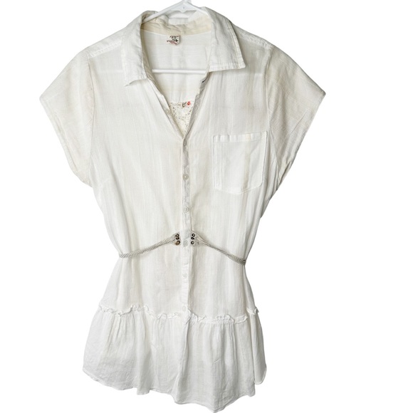 Free People White Sheer Crochet Knit Gauze Button Down Rope Tie Size Large - Picture 1 of 7
